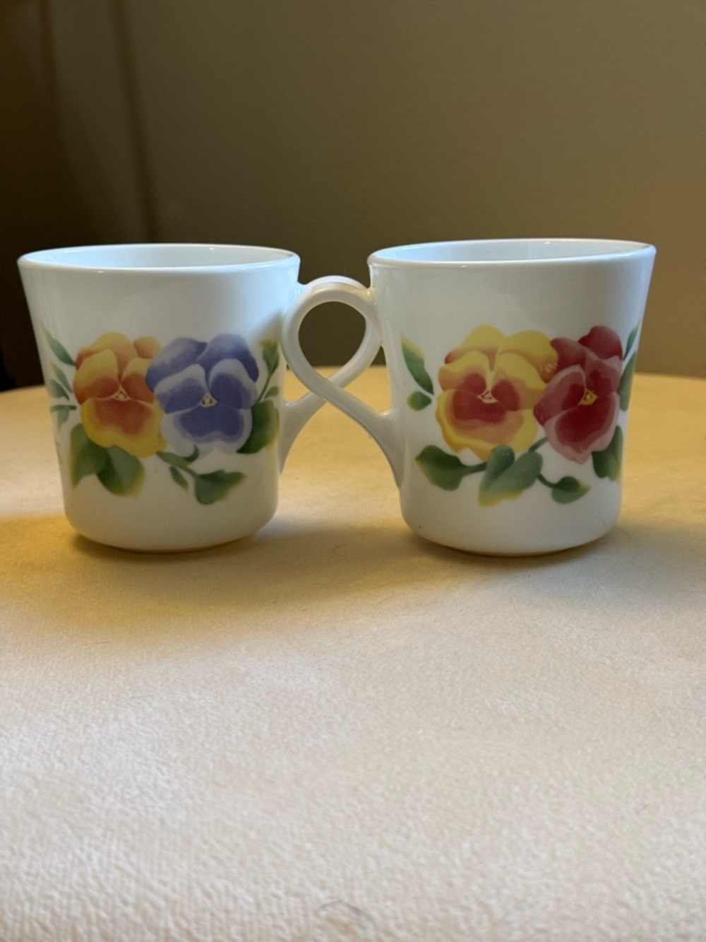 Corelle Floral Pansy Mugs in Yellow, Purple, Red, Green on White